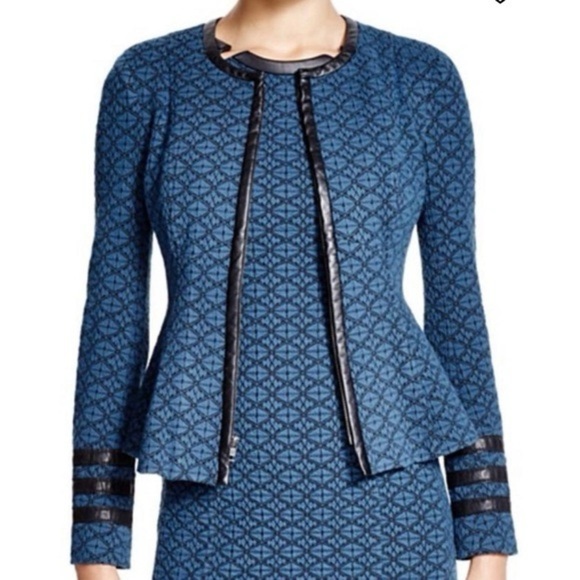 Nanette Lepore Secret Society Blue Jacquard Jacket Sz 0 NWT Leather Trim Flare - Picture 1 of 7